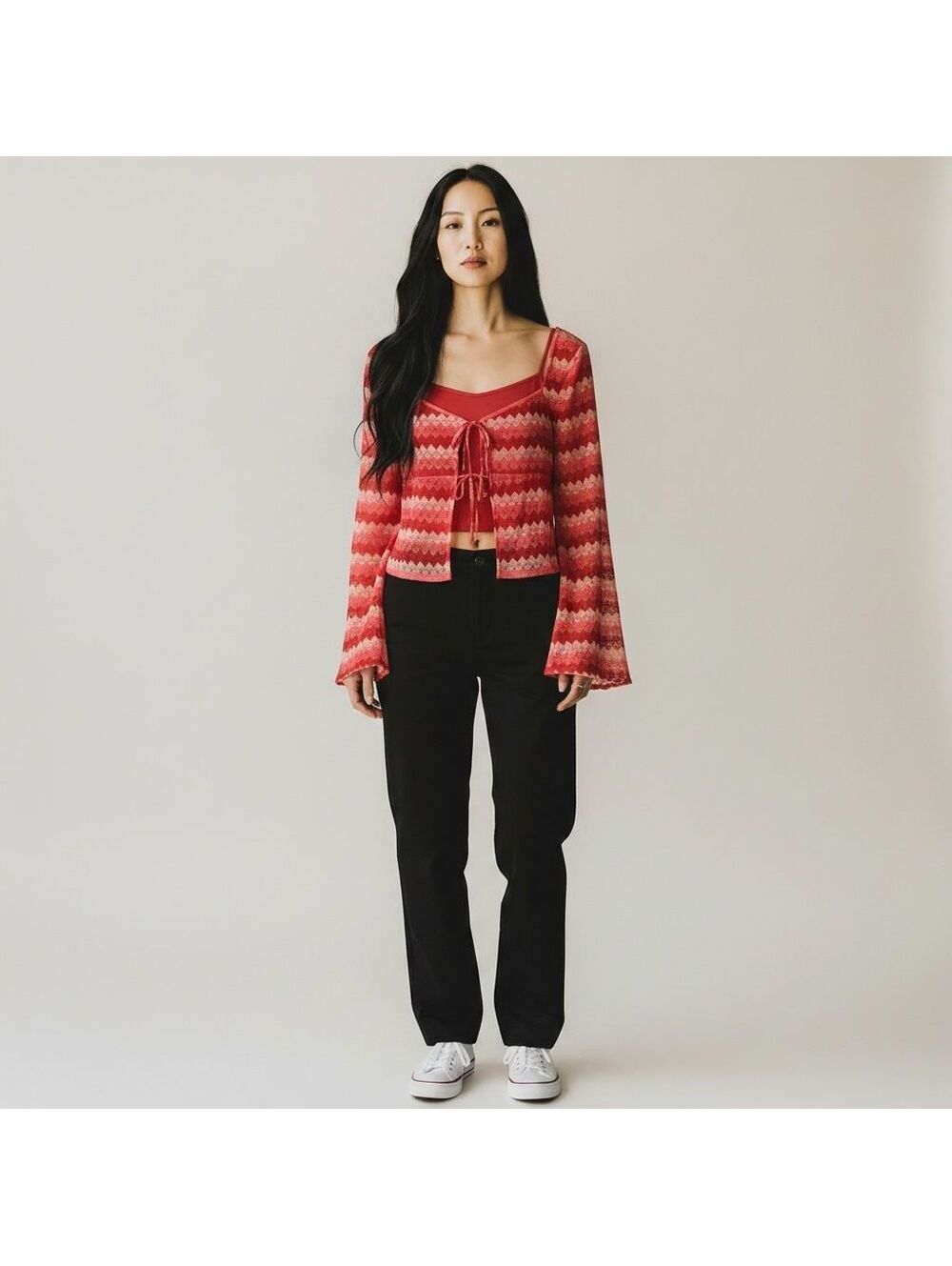 NWT Chelsea & Violet Red Patterned Long Sleeve Tie Front Crop Top, Large